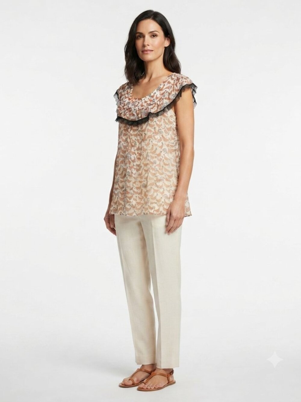 ANNA SUI 100% SILK EMBROIDERED RUFFLE SLEEVELESS SHEER BLOUSE - XS